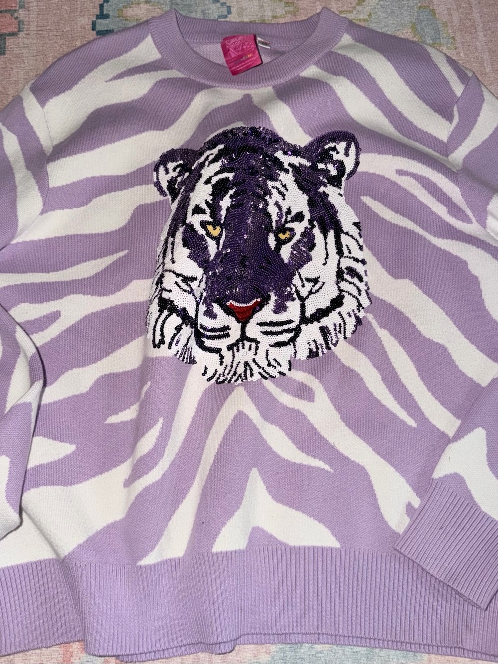 QUEEN OF SPARKLES Lavender & White Tiger Motif Crewneck Sweater - Picture 1 of 1